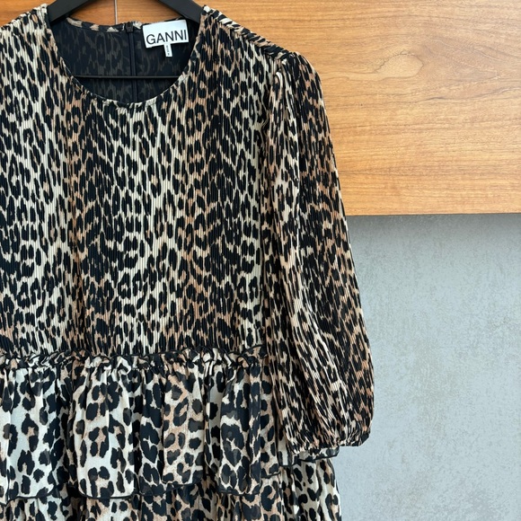 GANNI Pleated Leopard Print Georgette Mini Dress, Size M - Picture 11 of 16